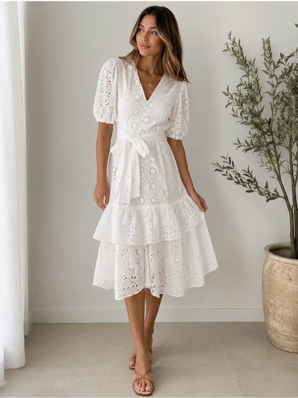 Zara White Eyelet Tiered Midi Dress with Tie Waist
